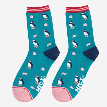 Women's Bamboo Socks Turquoise Puffins, 2 of 5