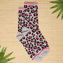 Women's Leopard Print Bamboo Socks Grey Pink, thumbnail 1 of 4