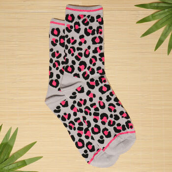 Women's Bamboo Socks Grey Pink Leopard Print, 3 of 5