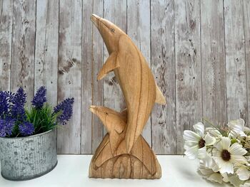 Hand Carved Wooden Teak Dolphin Sculpture 30cm Ornament Figurine Gift, 2 of 9
