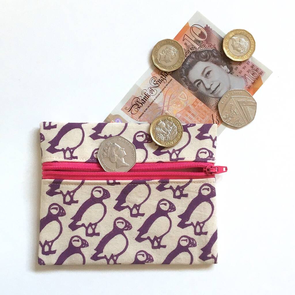Puffin Coin Purse. Purple. Cotton Pouch. Handmade, 1 of 5