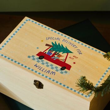 Personalised Wooden Checkered Blue Christmas Tree Keepsake Box Fsc®, 2 of 4