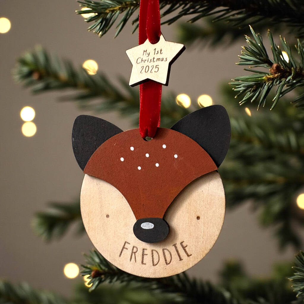 Hand Painted Personalised Wooden Fox Christmas Decoration – My First Christmas Bauble, 1 of 8