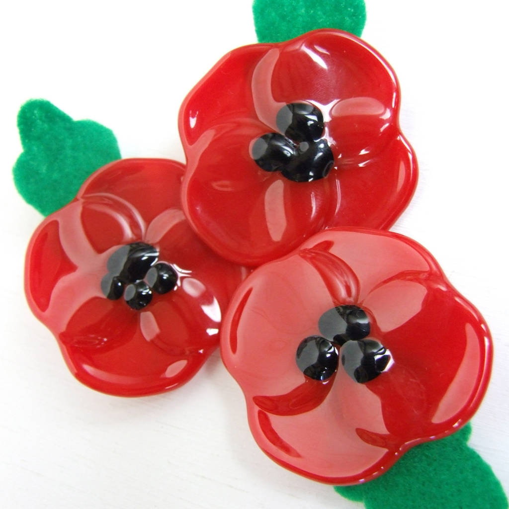Handmade Fused Glass Poppy Brooch With Felt Leaf By Jessica Irena Smith