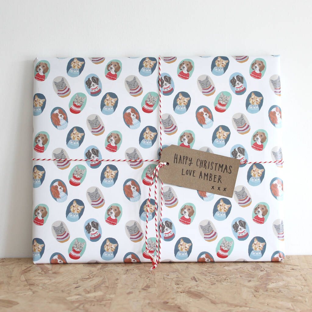 Dogs And Cats In Christmas Jumpers Wrapping Paper By Rebecca Mc