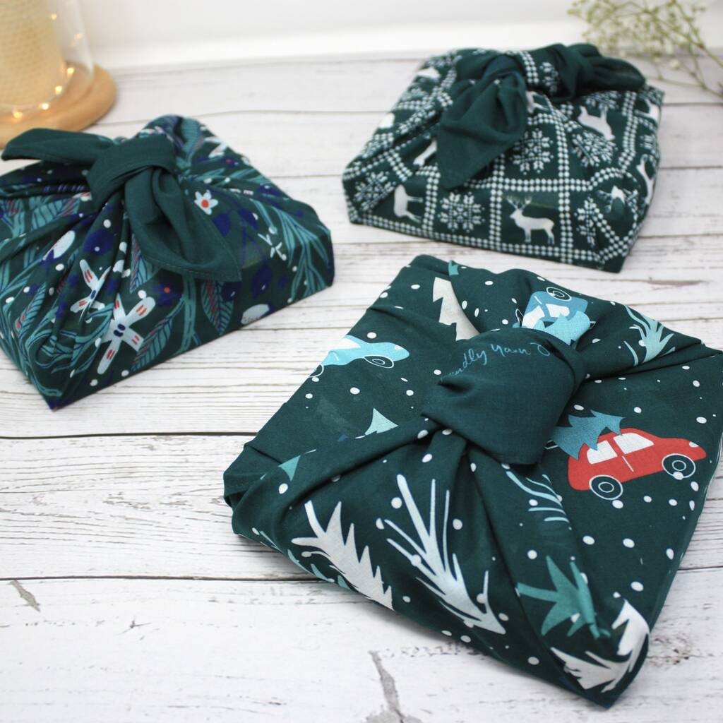 Set Of Three Christmas Furoshiki Fabric Gift Wraps, 1 of 7
