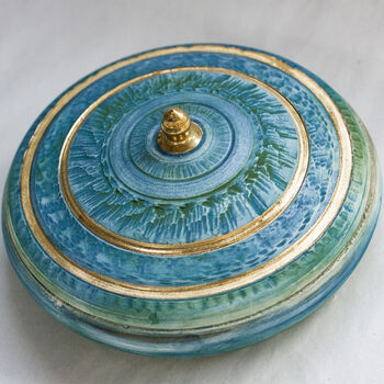 Handmade Blue Chattered Lidded Pot 24 C Gold Banding, 3 of 6