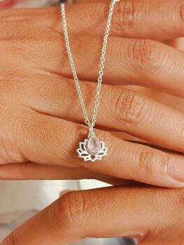 Pink Cubic Zirconia Lotus Sterling Silver Necklace, 6 of 9
