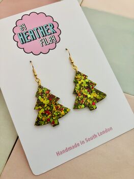 Green And Red Christmas Tree Glitter Resin Earrings / Traditional Holiday Jewellery / Christmas Gift / Secret Santa Gift, 2 of 10
