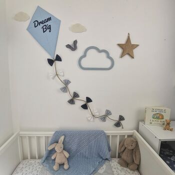 Dream Big Nursery Decor Wall Hanging, Baby Blue, Grey And White Fabric Kite, 9 of 9