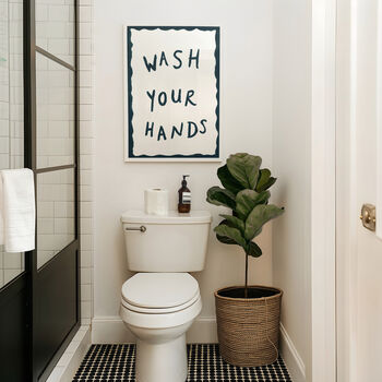 Wash Your Hands Dark Blue Bathroom Hand Painted Print, 4 of 7