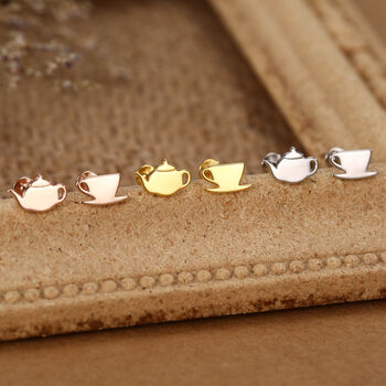 Sterling Silver Teapot And Teacup 16 G Mismatched Flat Back Labret Earrings, 3 of 12