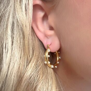 Stainless Steel Pearl Studded Hoop Earrings, 2 of 5