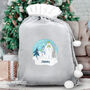 Personalised The Snowman And The Snowdog Luxury Silver Grey Pom Pom Christmas Sack, thumbnail 2 of 3
