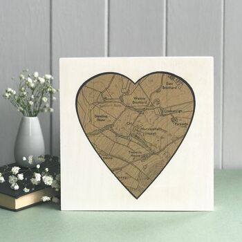 Silver / Gold Wedding Heart Shaped Map Print On Wood, 5 of 10