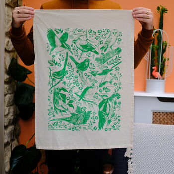 British Bird Screen Printed Tea Towel Green, 5 of 6