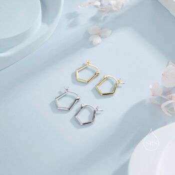 Sterling Silver Pentagon Shape Huggie Hoop Earrings, 7 of 10