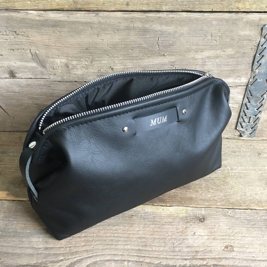 Unisex Personalised Toiletry Bag In Black Leather By Studio Tew
