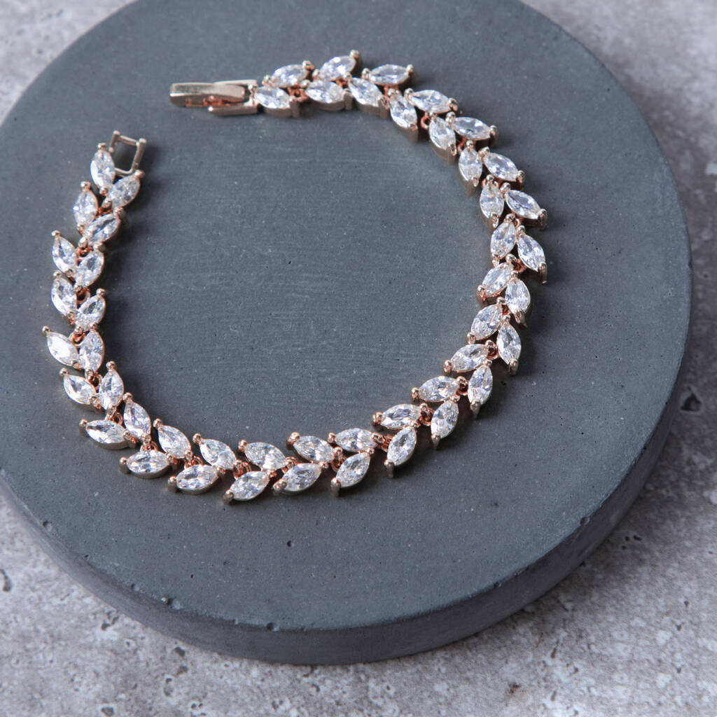 Rose Gold Plated Crystal Leaf Design Tennis Bracelet, 1 of 2