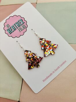 Gold, Silver And Red Christmas Tree Glitter Resin Earrings / Traditional Holiday Jewellery / Christmas Gift / Secret Santa Gift, 4 of 10