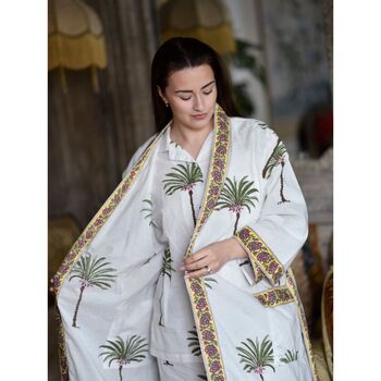 Ladies Green Palm Tree Print Cotton Dressing Gown, 2 of 5