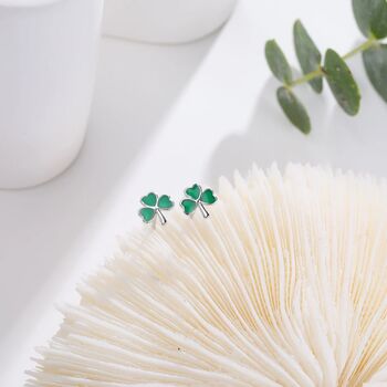 Shamrock Leaf Enamel Stud Earrings In Sterling Silver, 6 of 12