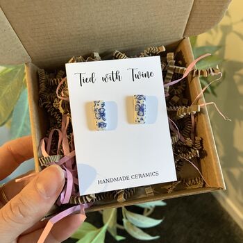 Minimalist Blue Floral Ceramic Bar Stud Earrings, Dainty Rectangular Studs, 10 of 11