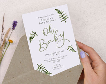 Personalised A6 Botanical 'Oh Baby' Baby Shower Invite, 2 of 3