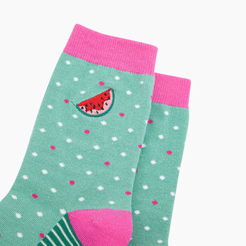 Embroidered Watermelon Combed Cotton Socks In Mint/Pink, 2 of 4