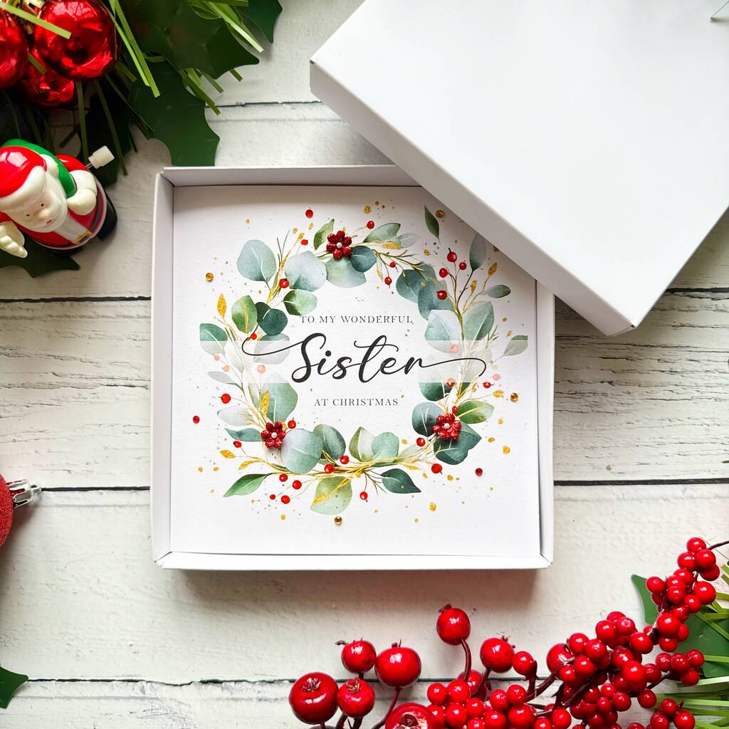 Wonderful Sister Festive Wreath Christmas Card, 1 of 4