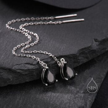 Black Cz Droplet Threader Earrings In Sterling Silver, 4 of 11