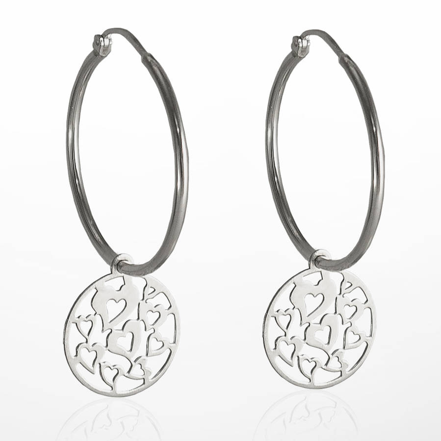 Sterling Silver Hoop Earring With Heart Charms By The London Earring
