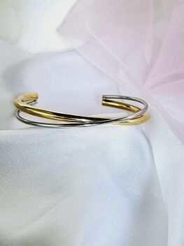 Two Tone Minimalist Open Cuff Bangle 18 K Gold And Silver Plated Stainless Steel Bracelet Everyday Wear Jewellery Gift, 6 of 6