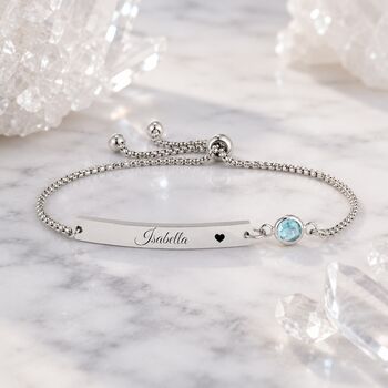 Personalised Curve Bar Birthstone Bracelet Engrave Name Symbols, 5 of 12