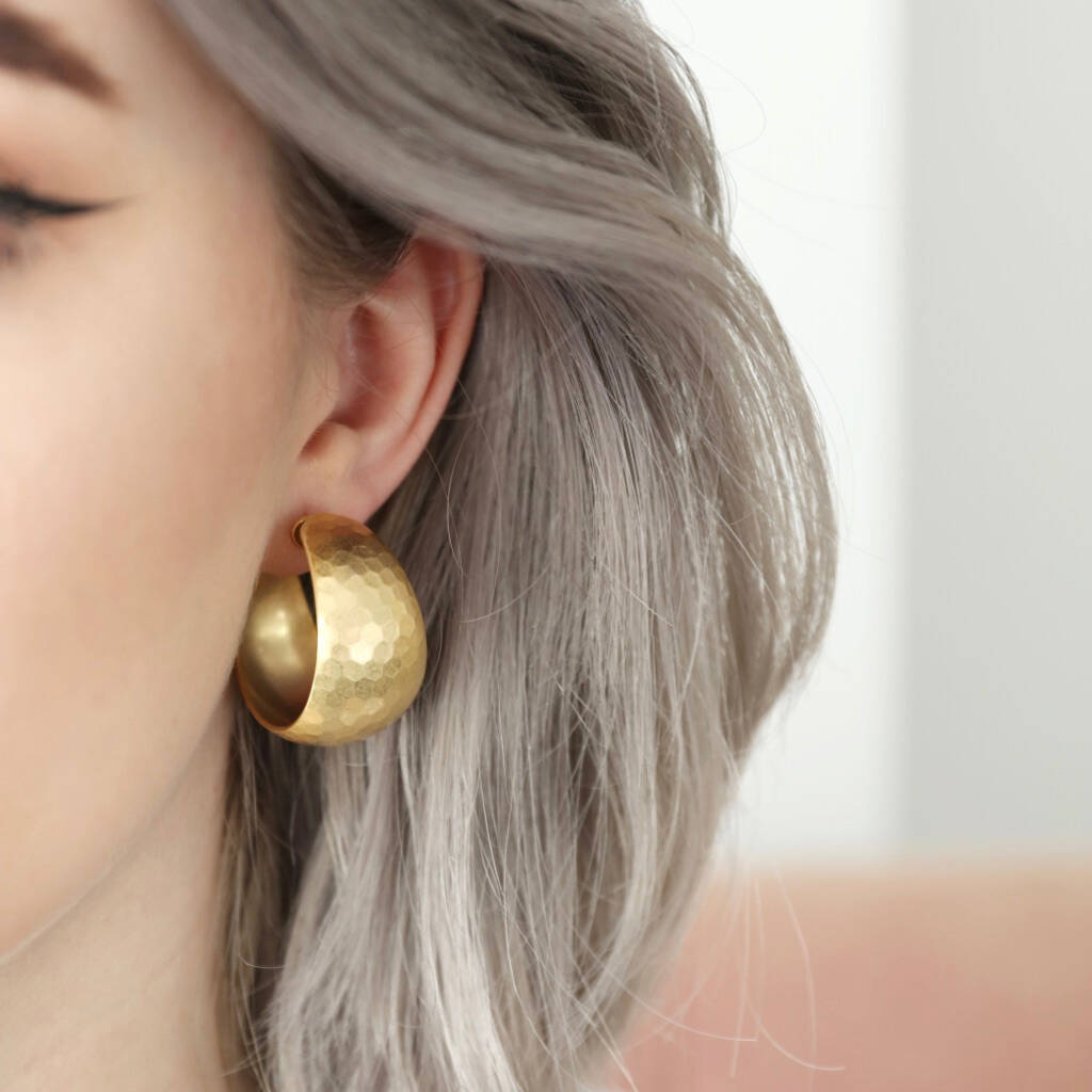 Wide Hammered Hoop Earrings In Gold Plating, 1 of 3