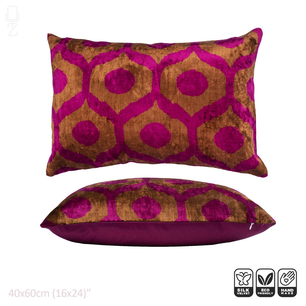 Pink & Orange Velvet Pillow Cover with Traditional Ikat Pattern | Front side is 100% Silk Velvet, Back newest side is Soft Pink Fabric | OEKO-TEX®