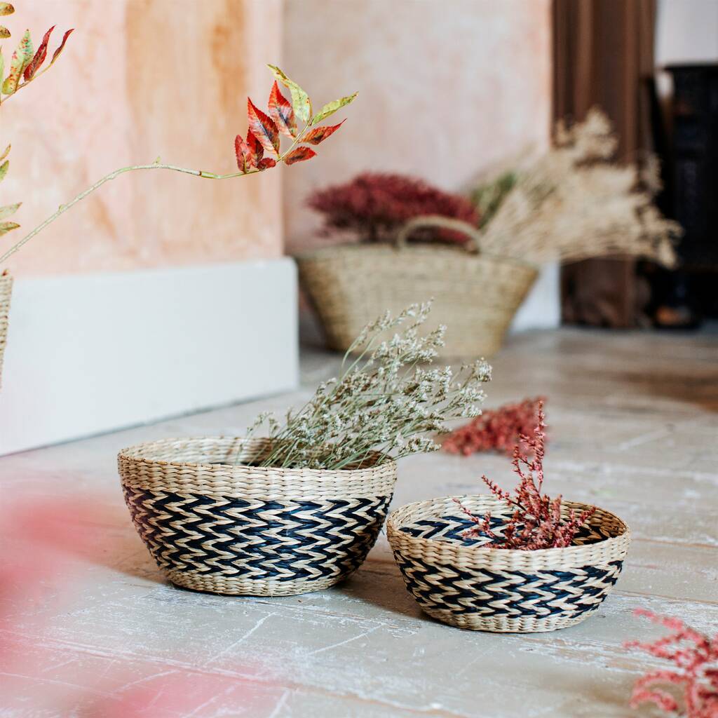 set of two black decorative seagrass bowls by lola & alice