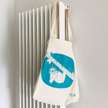 Sloth Recycled Fabric Tote Bag In Aqua, 2 of 8