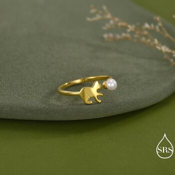 Sterling Silver Cat Playing With Ball Ring With Natural Button Shaped Pearls, 5 of 12