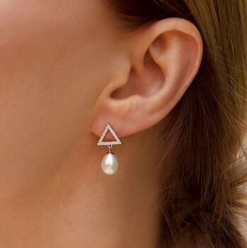 Pearl And Crystal Sterling Silver Triangle Earrings, 4 of 7