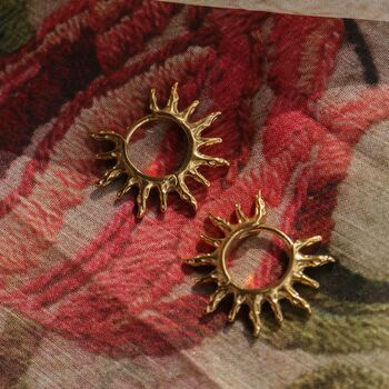 18k Gold Plated Hammered Sun Hoop Earrings, 4 of 7