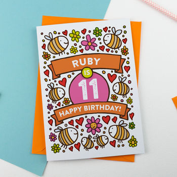 Personalised Bee's Illustrated 11th Birthday Card, 2 of 2