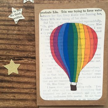 Hot Air Balloon On Vintage Book Paper Greeting Card, 2 of 2