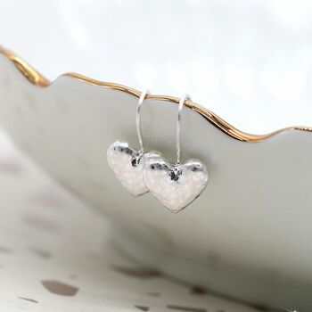 Worn Silver Plated Hammered Heart Hook Earrings, 2 of 2