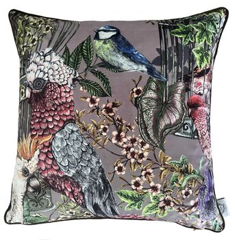 Wild Captivity Birds And Bird Cages Cushion With Flowers In Luxury Velvet On Dusty Pink, 6 of 10