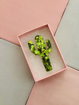 The 'Desert Sparkle' Cactus Glitter Brooch / Botanical Gift For Her /Green Succulent Brooch / Birthday Gift For Plant Lovers, 4 of 6