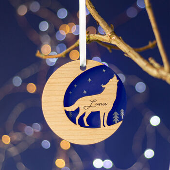 Starry Wolf Wood Personalised Christmas Decoration, 5 of 6