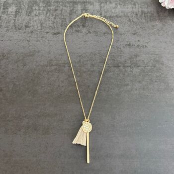 Gold Plated Charm And Grey Tassel Necklace, 2 of 4