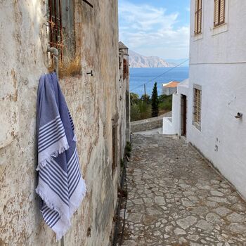 Leros Striped Peshtemal Towel Marine Blue, 9 of 12