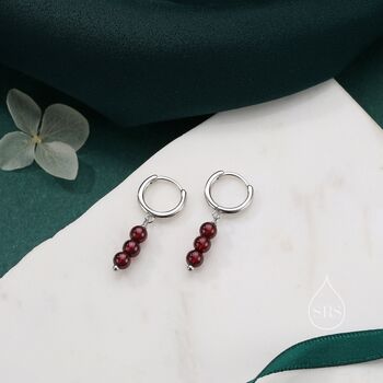 Sterling Silver Genuine Garnet Stone Trio Huggie Hoop Earrings, 4 of 10